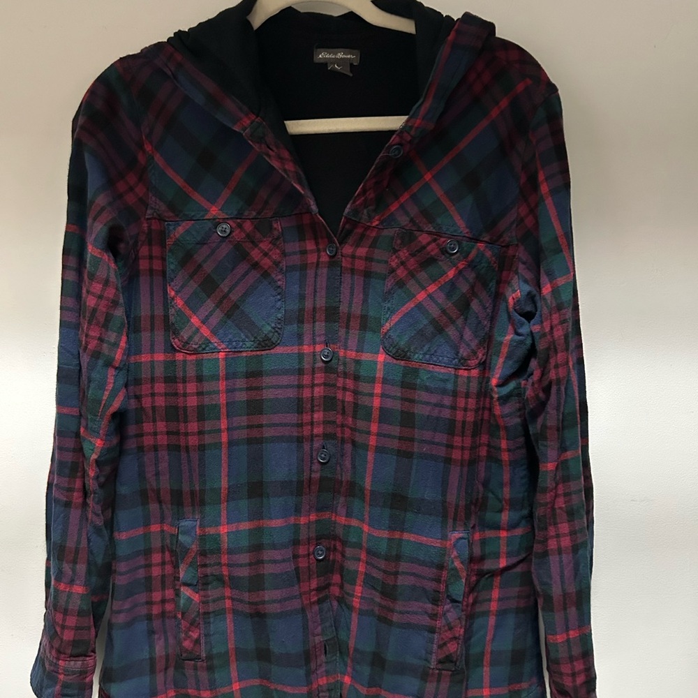 plaid eddie bauer hooded flannel w-med